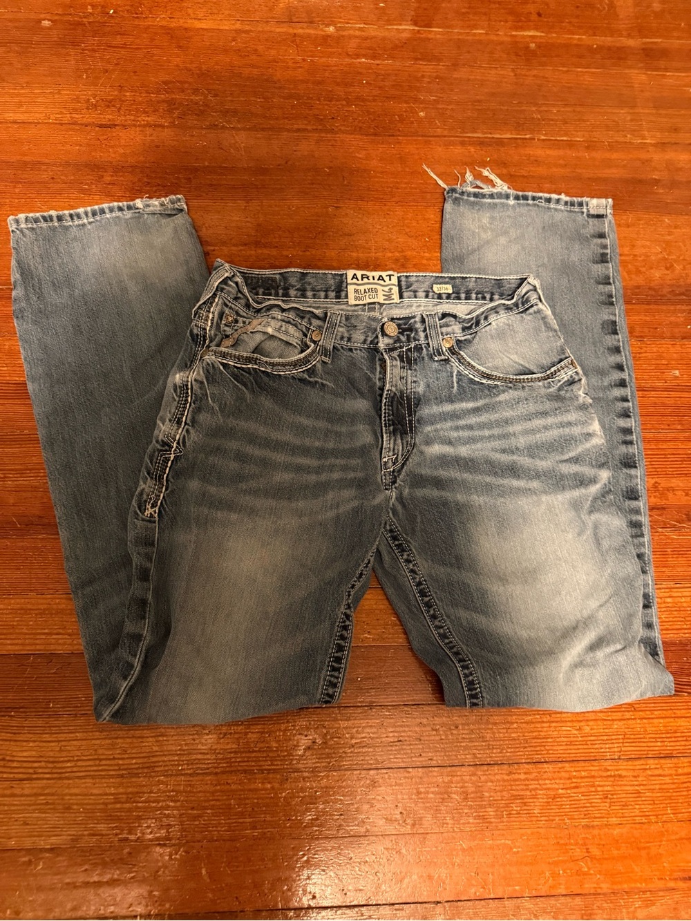 Ariat M4 Jeans Men's 32/36 Blue Relaxed Bootcut Rodeo Western Has Holes